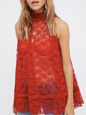Free People Myrna Red Lace High-Neck Mock Floral Sleeveless Halter Top